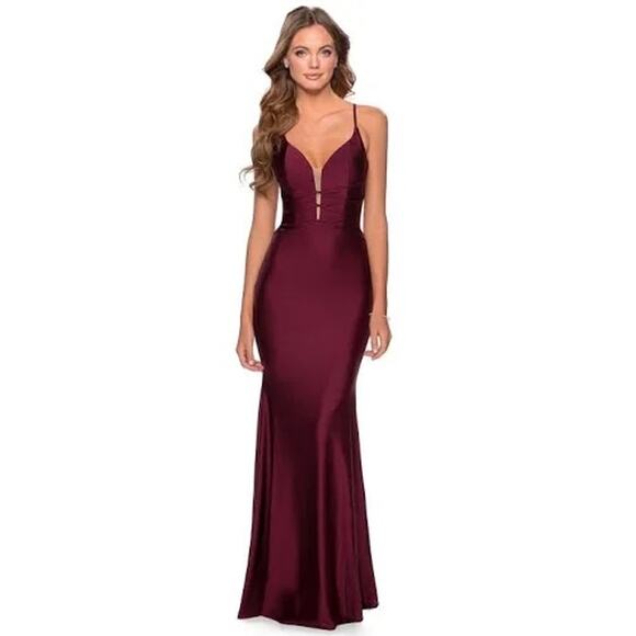 LA FEMME 28574 DRESS  SATIN GOWN-PLEAT WAIST (burgundy)dark berry size 0 - Picture 1 of 10